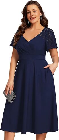 فساتين حفلات الكوكتيل متوسطة الطول بأكمام قصيرة ورقبة على شكل V من Ever-Pretty Plus للسيدات مع جيوب 02334-DA in Kuwait