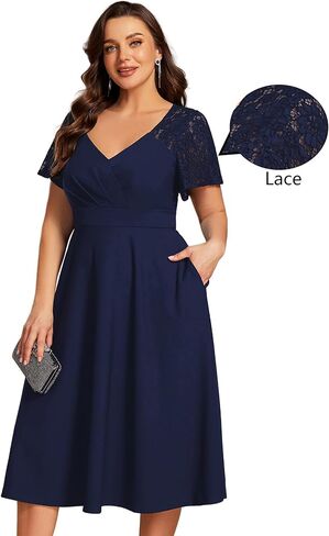 فساتين حفلات الكوكتيل متوسطة الطول بأكمام قصيرة ورقبة على شكل V من Ever-Pretty Plus للسيدات مع جيوب 02334-DA in Kuwait