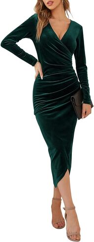 Elegant V-Neck Bodycon Midi Dress for Women - Sexy Cross-Wrap Cocktail Party Evening Dress - Autumn and Winter Formal Attire in Saudi Arabia