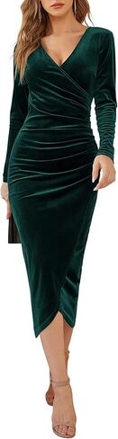 Elegant V-Neck Bodycon Midi Dress for Women - Sexy Cross-Wrap Cocktail Party Evening Dress - Autumn and Winter Formal Attire in Saudi Arabia