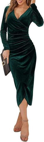 Elegant V-Neck Bodycon Midi Dress for Women - Sexy Cross-Wrap Cocktail Party Evening Dress - Autumn and Winter Formal Attire in Saudi Arabia