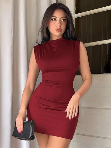 Women's Sexy Tank Ruched Bodycon Dress Summer Sleeveless Elegant Cocktail Club Party Mini Dresses in Saudi Arabia