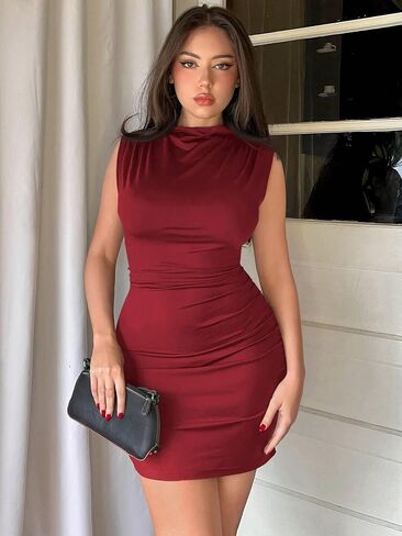 Women's Sexy Tank Ruched Bodycon Dress Summer Sleeveless Elegant Cocktail Club Party Mini Dresses in Saudi Arabia