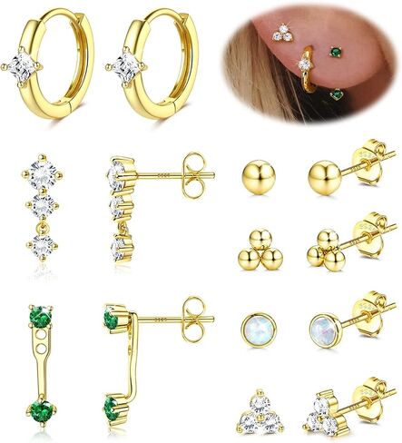 LOYALLOOK 925 Sterling Silver Earrings for Women Hypoallergenic 14K Gold Plated Stud Hoop Earring Stacks for Sensitive Ears Opal CZ Cartilage Stud Huggie Earring Sets for Multiple Piercing in Saudi Arabia