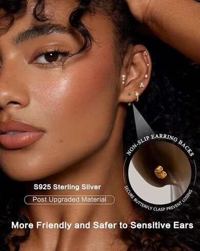 LOYALLOOK 925 Sterling Silver Earrings for Women Hypoallergenic 14K Gold Plated Stud Hoop Earring Stacks for Sensitive Ears Opal CZ Cartilage Stud Huggie Earring Sets for Multiple Piercing in Saudi Arabia
