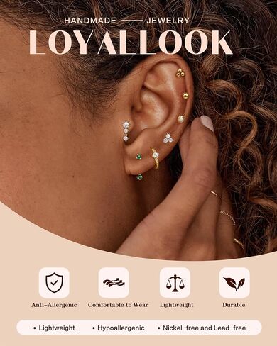 LOYALLOOK 925 Sterling Silver Earrings for Women Hypoallergenic 14K Gold Plated Stud Hoop Earring Stacks for Sensitive Ears Opal CZ Cartilage Stud Huggie Earring Sets for Multiple Piercing in Saudi Arabia
