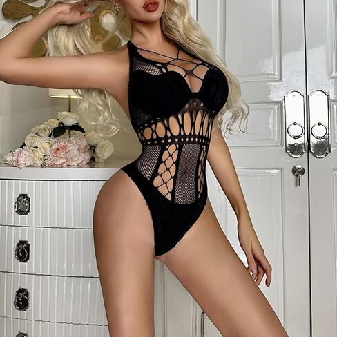 Sexy Lingerie for Women Naughty Outfits Halter Neck Fishnet Bodysuit Top Teddy One Piece Deep V Mesh Babydoll Rave Outfits in Saudi Arabia