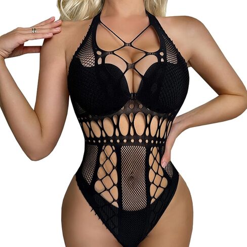 Sexy Lingerie for Women Naughty Outfits Halter Neck Fishnet Bodysuit Top Teddy One Piece Deep V Mesh Babydoll Rave Outfits in Saudi Arabia