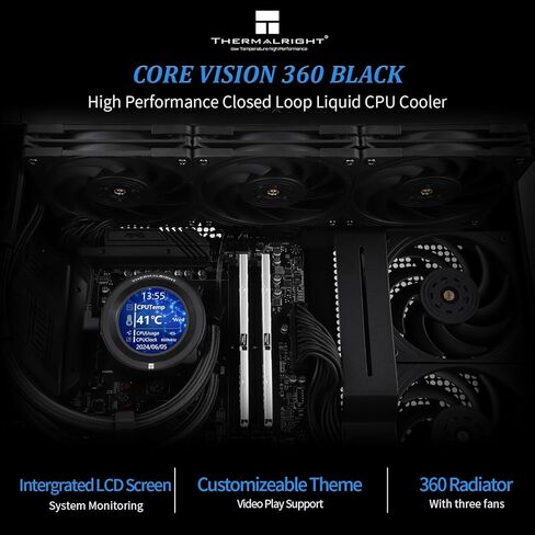 Thermalright CORE Vision 360 Black ARGB CPU Water Cooler with PWM Fan, 2000RPM Speeds,IPS LCD Screen with 480 * 480 Resolution,Liquid CPU Cooler,for AM5/Intel LGA1851/1700,2.1inch Display Screen in Kuwait