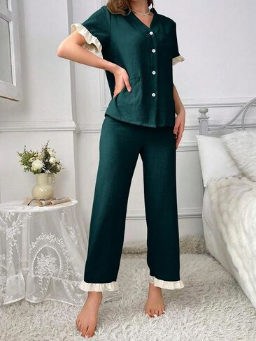 Women's Pajamas Set Soft Comfortable Sleepwear Green Linen Nightwear Long Pants in Saudi Arabia