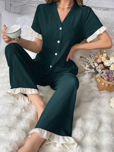 Women's Pajamas Set Soft Comfortable Sleepwear Green Linen Nightwear Long Pants in Saudi Arabia