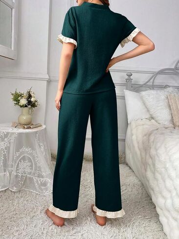 Women's Pajamas Set Soft Comfortable Sleepwear Green Linen Nightwear Long Pants in Saudi Arabia
