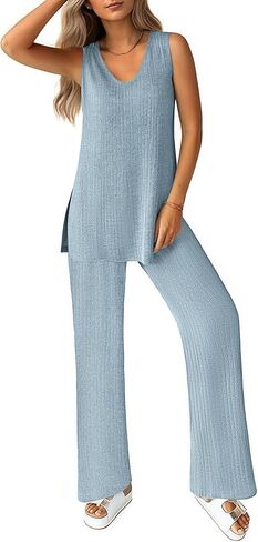 Ekouaer Women's 2 Piece Lounge Set 2025 Summer Matching Sets Sleeveless V-neck Tank Top Long Pants Pajamas Knit Outfits in Saudi Arabia