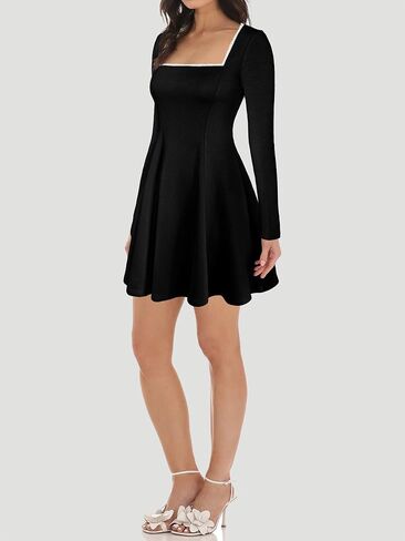 Lrady Womens Square Neck Bodice Dress Long Sleeve Flare A Line Club Party Mini Ruffle Swing Short Dresses in Kuwait