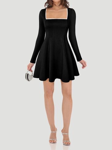 Lrady Womens Square Neck Bodice Dress Long Sleeve Flare A Line Club Party Mini Ruffle Swing Short Dresses in Kuwait