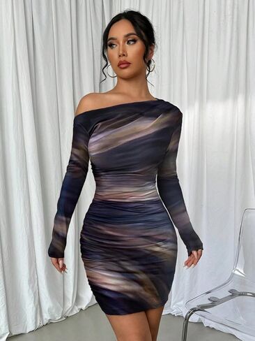 Women's Sexy Off The Shoulder Bodycon Mini Dress Tie Dye Long Sleeve Ruched Asymmetrical Club Dresses in Saudi Arabia