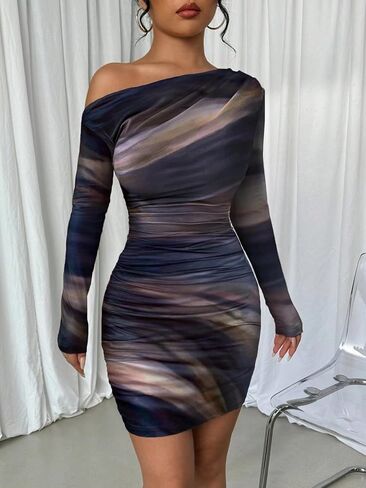 Women's Sexy Off The Shoulder Bodycon Mini Dress Tie Dye Long Sleeve Ruched Asymmetrical Club Dresses in Saudi Arabia