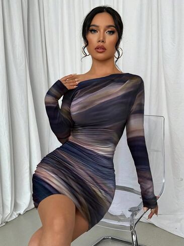 Women's Sexy Off The Shoulder Bodycon Mini Dress Tie Dye Long Sleeve Ruched Asymmetrical Club Dresses in Saudi Arabia