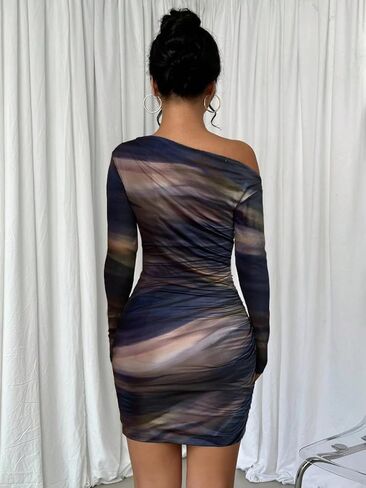 Women's Sexy Off The Shoulder Bodycon Mini Dress Tie Dye Long Sleeve Ruched Asymmetrical Club Dresses in Saudi Arabia