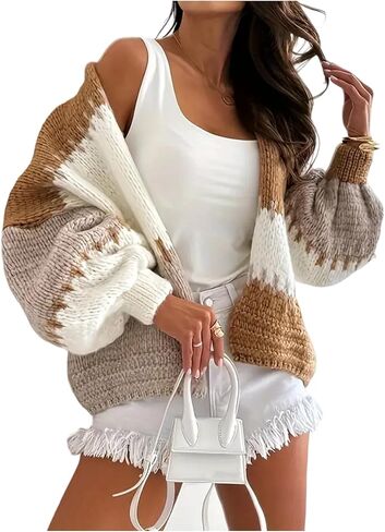 Womens Oversized Cardigan Sweaters,Open Front Color Block Lantern Long Sleeve Striped Knit Outwear Coats in Saudi Arabia
