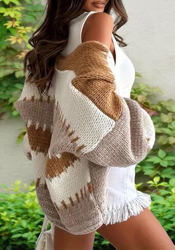 Womens Oversized Cardigan Sweaters,Open Front Color Block Lantern Long Sleeve Striped Knit Outwear Coats in Saudi Arabia