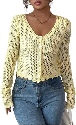 OYOANGLE Women's Hollow Out Crochet Cropped Cardigans Long Sleeve V Neck Button Down Knit Tops in Saudi Arabia