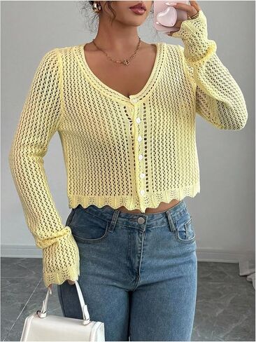 OYOANGLE Women's Hollow Out Crochet Cropped Cardigans Long Sleeve V Neck Button Down Knit Tops in Saudi Arabia