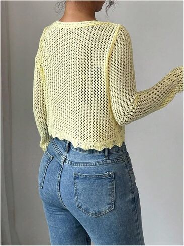 OYOANGLE Women's Hollow Out Crochet Cropped Cardigans Long Sleeve V Neck Button Down Knit Tops in Saudi Arabia