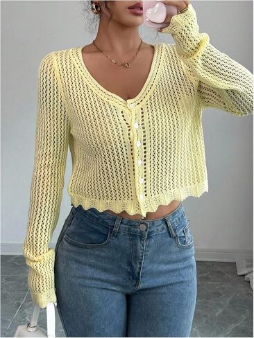 OYOANGLE Women's Hollow Out Crochet Cropped Cardigans Long Sleeve V Neck Button Down Knit Tops in Saudi Arabia