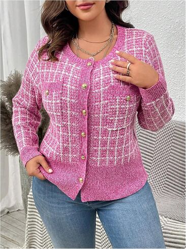 Floerns Women's Plus Size Tweed Long Sleeve Button Front Work Casual Cardigan Sweater in Saudi Arabia