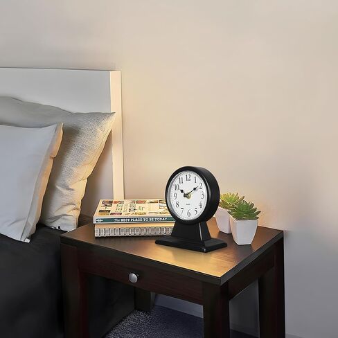 ساعة تناظرية بجانب السرير مقاس 6.7 بوصة، ساعة مكتب صغيرة قديمة تعمل بالبطارية، ساعة طاولة معدنية صامتة مزخرفة لديكور غرفة المعيشة، غرفة النوم، بجانب السرير، الرف (أسود) in Kuwait