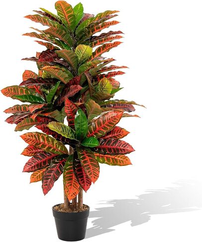 HAPPYGRILL Artificial Croton Plant, 40" Tall Faux Tree w/Nursery Pot, Real Wood Trunks, Gradient Leaves, Fake Croton Palm Tree, Potted Greenery Plant for Home Office Porch Living Room Indoor (1) in Saudi Arabia