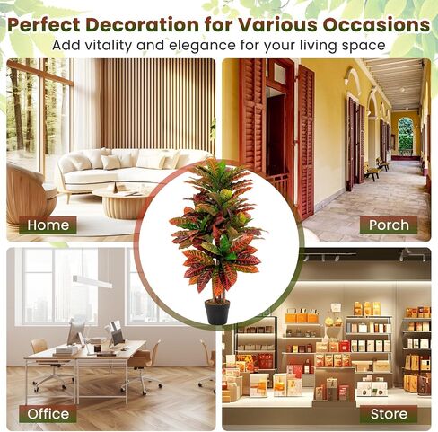 HAPPYGRILL Artificial Croton Plant, 40" Tall Faux Tree w/Nursery Pot, Real Wood Trunks, Gradient Leaves, Fake Croton Palm Tree, Potted Greenery Plant for Home Office Porch Living Room Indoor (1) in Saudi Arabia