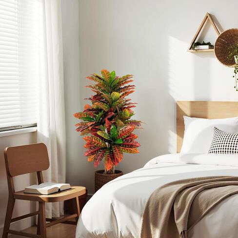 HAPPYGRILL Artificial Croton Plant, 40" Tall Faux Tree w/Nursery Pot, Real Wood Trunks, Gradient Leaves, Fake Croton Palm Tree, Potted Greenery Plant for Home Office Porch Living Room Indoor (1) in Saudi Arabia