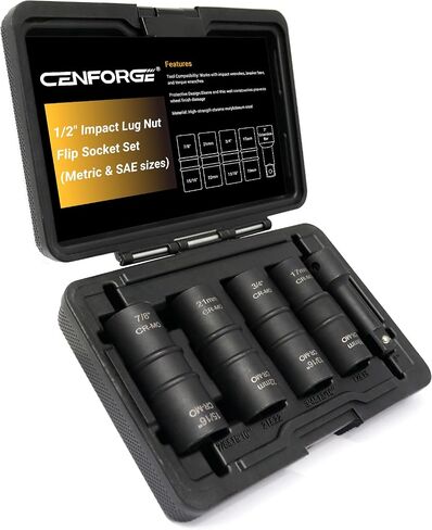 Lug Nut Socket Set, 5pc 1/2" Drive Impact Flip Socket Set with Metric 17 19 21 22 mm & SAE 3/4 13/16 7/8 15/16 in. Sockets, Double Ended Thin Wall Nut Sockets with 3" Extension Bar in Kuwait