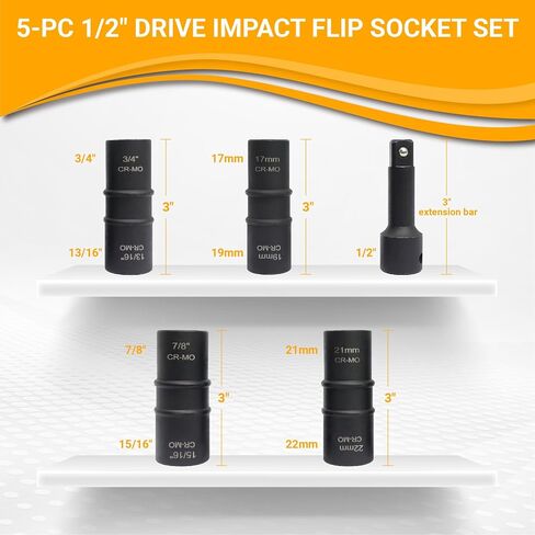 Lug Nut Socket Set, 5pc 1/2" Drive Impact Flip Socket Set with Metric 17 19 21 22 mm & SAE 3/4 13/16 7/8 15/16 in. Sockets, Double Ended Thin Wall Nut Sockets with 3" Extension Bar in Kuwait