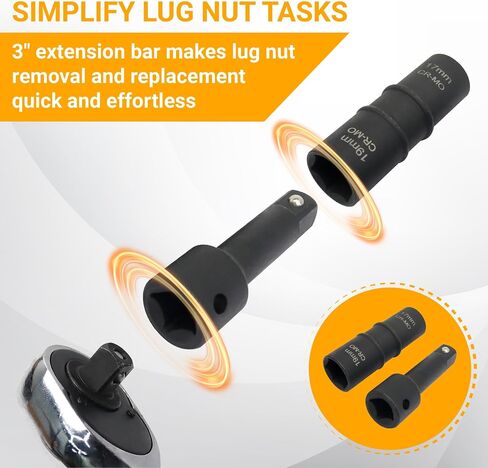 Lug Nut Socket Set, 5pc 1/2" Drive Impact Flip Socket Set with Metric 17 19 21 22 mm & SAE 3/4 13/16 7/8 15/16 in. Sockets, Double Ended Thin Wall Nut Sockets with 3" Extension Bar in Kuwait