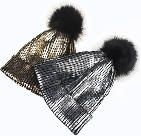 Metallic Shiny Beanie Hat for Women with Pom Pom Bling Bling Knitted Skull Cap Fashionable Silver Accessory for Fall Present for Any Occasion in Saudi Arabia