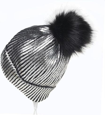 Metallic Shiny Beanie Hat for Women with Pom Pom Bling Bling Knitted Skull Cap Fashionable Silver Accessory for Fall Present for Any Occasion in Saudi Arabia