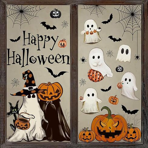 Halloween Large Ghost Window Clings Halloween Window Stickers White Ghost Bat Black Cat Pumpkin Windows Cling Decorations Cute Windows Decals for Holiday Party Home School Store Glass Decor in Saudi Arabia