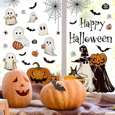 Halloween Large Ghost Window Clings Halloween Window Stickers White Ghost Bat Black Cat Pumpkin Windows Cling Decorations Cute Windows Decals for Holiday Party Home School Store Glass Decor in Saudi Arabia