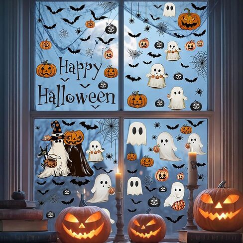 Halloween Large Ghost Window Clings Halloween Window Stickers White Ghost Bat Black Cat Pumpkin Windows Cling Decorations Cute Windows Decals for Holiday Party Home School Store Glass Decor in Saudi Arabia