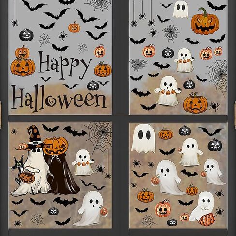 Halloween Large Ghost Window Clings Halloween Window Stickers White Ghost Bat Black Cat Pumpkin Windows Cling Decorations Cute Windows Decals for Holiday Party Home School Store Glass Decor in Saudi Arabia