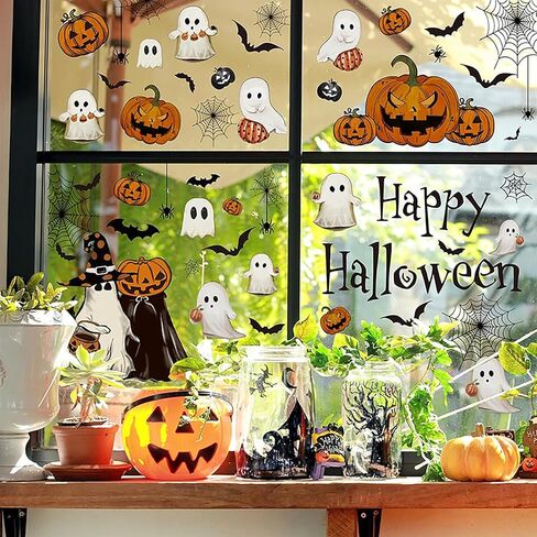 Halloween Large Ghost Window Clings Halloween Window Stickers White Ghost Bat Black Cat Pumpkin Windows Cling Decorations Cute Windows Decals for Holiday Party Home School Store Glass Decor in Saudi Arabia