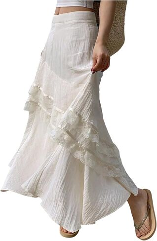 تنورة ماكسي صيفية للسيدات من MakeMeChic مكشكشة على الشاطئ ومزخرفة بالدانتيل على شكل حرف A تنانير طويلة فضفاضة in Kuwait