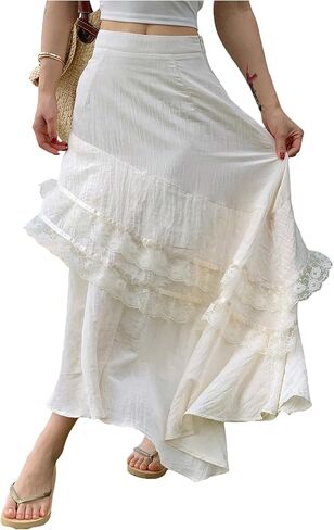 تنورة ماكسي صيفية للسيدات من MakeMeChic مكشكشة على الشاطئ ومزخرفة بالدانتيل على شكل حرف A تنانير طويلة فضفاضة in Kuwait