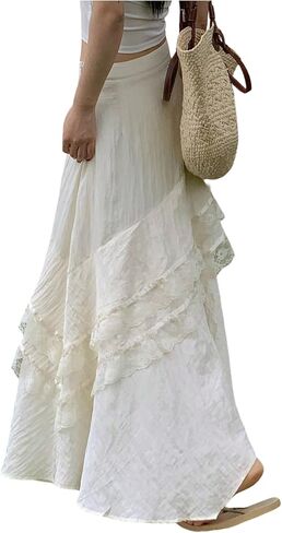 تنورة ماكسي صيفية للسيدات من MakeMeChic مكشكشة على الشاطئ ومزخرفة بالدانتيل على شكل حرف A تنانير طويلة فضفاضة in Kuwait