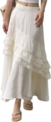 تنورة ماكسي صيفية للسيدات من MakeMeChic مكشكشة على الشاطئ ومزخرفة بالدانتيل على شكل حرف A تنانير طويلة فضفاضة in Kuwait