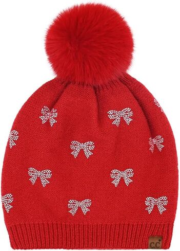 ScarvesMe Soft Warm All Over Rhinestone Mini Bow Pom Beanie Winter Hat in Kuwait