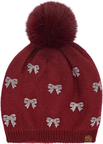 ScarvesMe Soft Warm All Over Rhinestone Mini Bow Pom Beanie Winter Hat in Kuwait